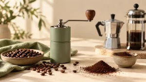 آسیاب دستی قهوه در کنار موکاپات و فرنچپرس
