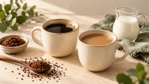 دو فنجان قهوه فوری با آب و با شیر